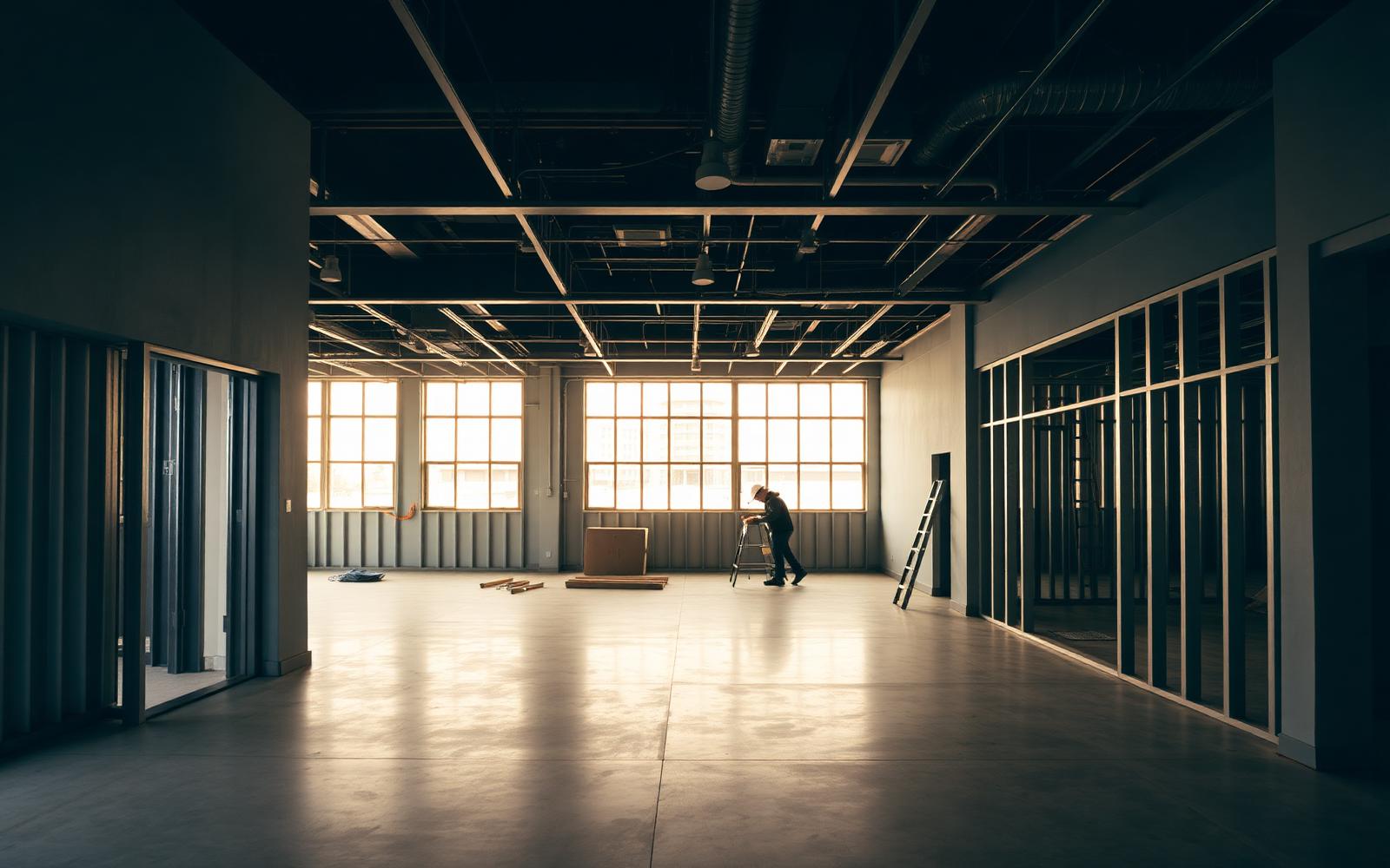 Commercial retail interior under construction with metal stud framing