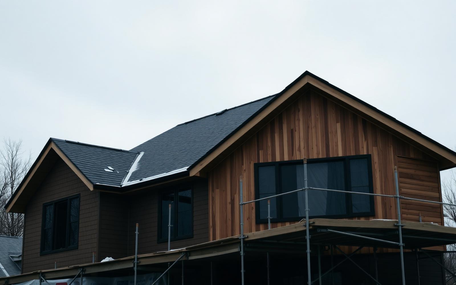 New residential home with fresh shingle roof and cedar cladding under scaffolding