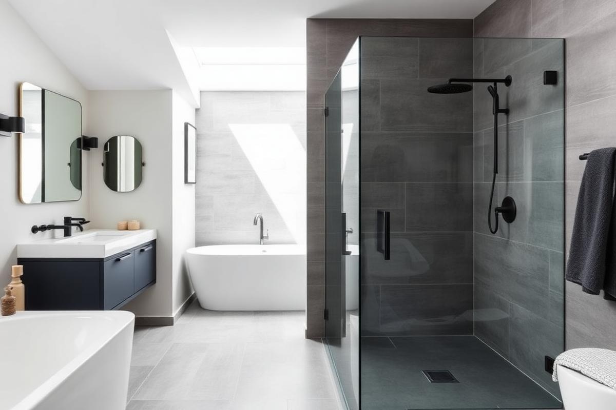Modern bathroom with walk-in glass shower and floating vanity