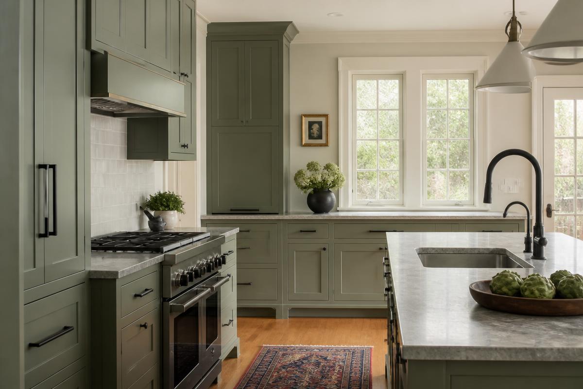 Completed kitchen remodel with sage cabinetry in a Shaker Heights home