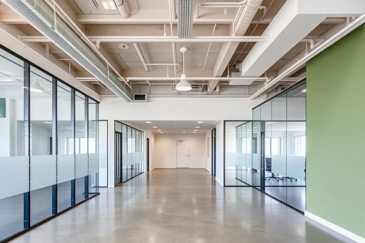 Finished office suite with glass partitions and green accent wall
